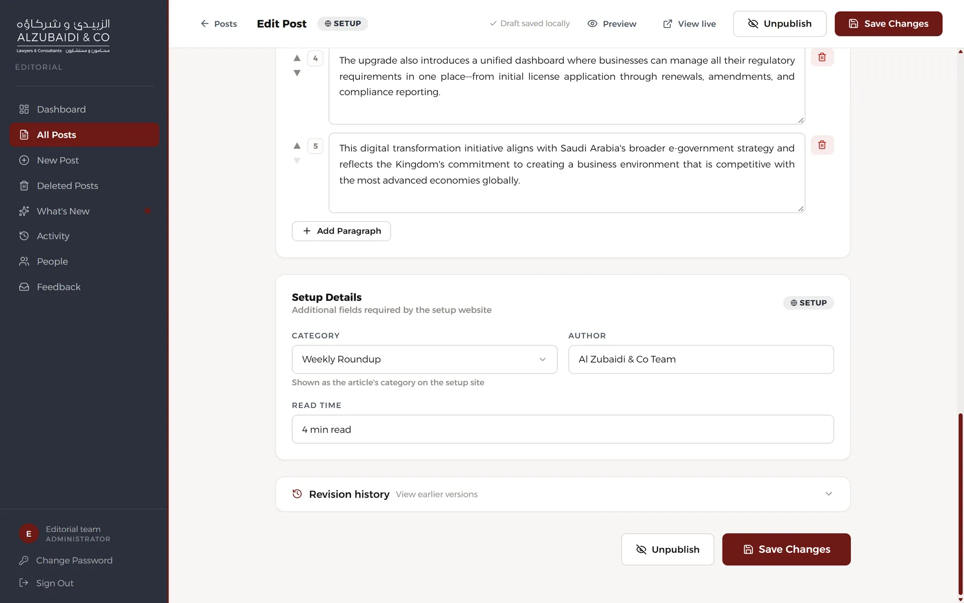 The article editor with setup-site details and revision history