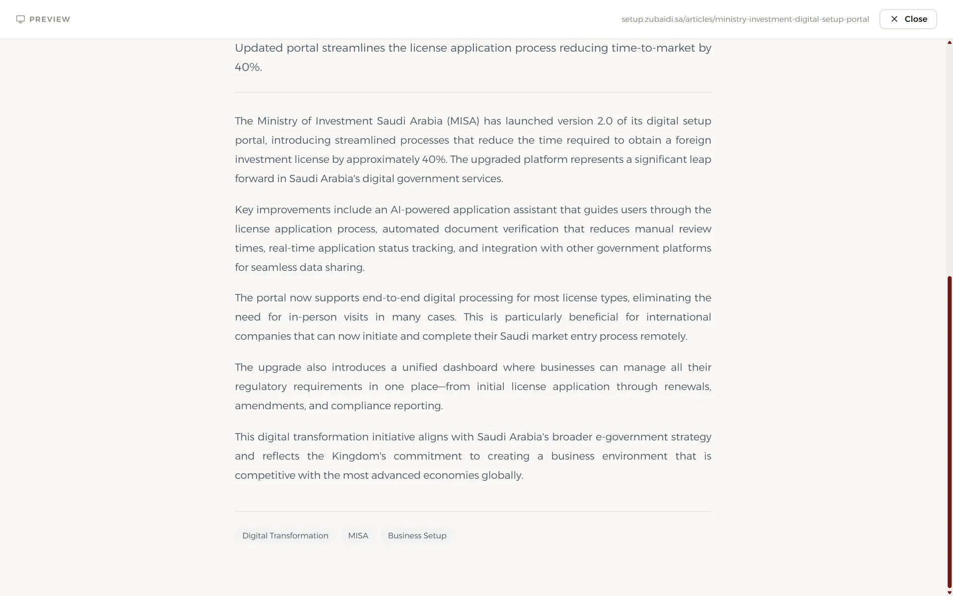 The reader preview of an article before publishing