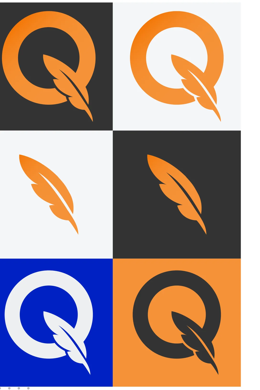 Logo colourways: orange, carbon, soft mist and blue backgrounds